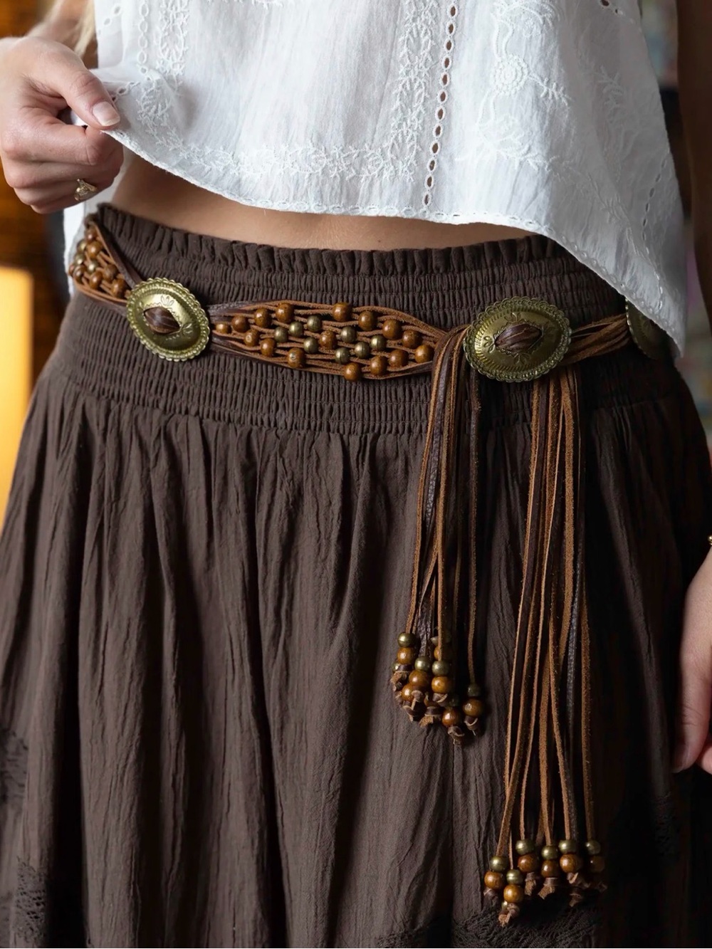 🔘NATURAL LIFE “CONCHO” Brown Braided Leather Bead Belt with Gold Medallions